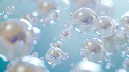 Fototapeta premium Transparent bubbles on a light blue background.