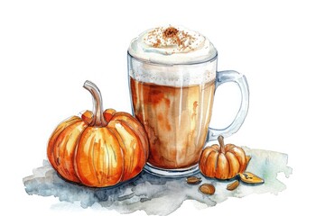 Watercolor illustration of a hot pumpkin latte with delicious foam, on a white background. Delicious milky autumn, winter pumpkin drink