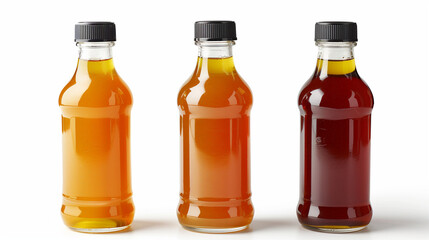 Three bottles filled with natural vegetable or fruit juices, without labels and with black caps, are set on a white background.
