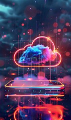 Obraz premium Futuristic technology concept, cloud computing concept. Phone with technological interface and clouds. On dark background.