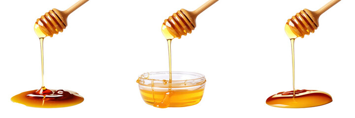 Golden Honey Dripping from Wooden Dipper. Yellow Honey Dripping Set Isolated on Background