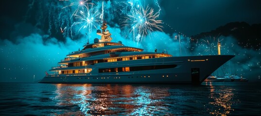 Nighttime extravaganza  luxury yacht amidst sea with spectacular fireworks display