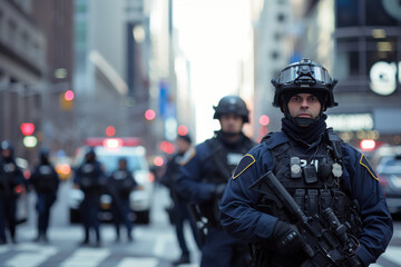 Armed SWAT police officers outdoors. Soldier with rifle at street. Generated AI