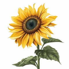 Naklejka premium sunflower illustration on a white background, Sunflower with leaves and stem isolated on white background, Ai generated