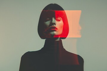 Abstract futuristic portrait of a woman with red light and double exposure, ideal for sci-fi and high-tech fashion projects, perfect for modern and conceptual art designs