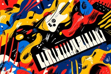 Abstract illustration of musical instruments and notes with colorful shapes. Digital art style. Music and art concept. Design for wallpaper, poster, and banner. Top view
