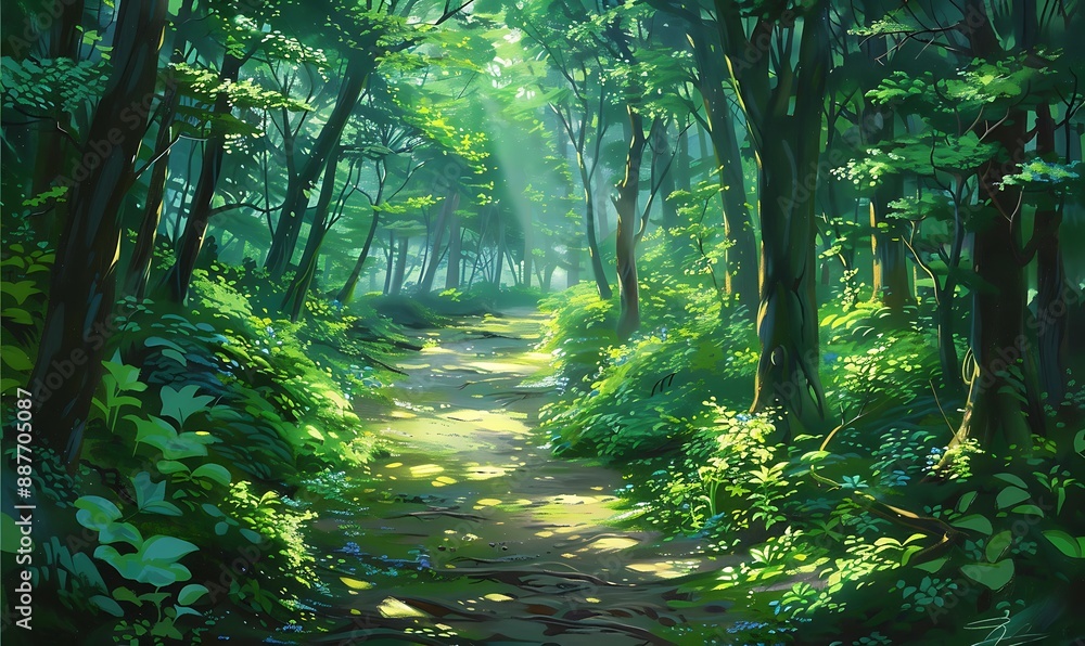 Poster Sunbeams Through Forest Path