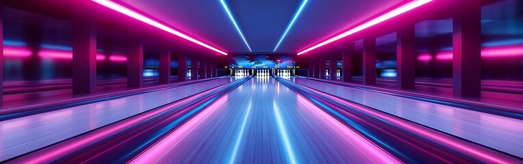 a bowling alley lane with neon lights