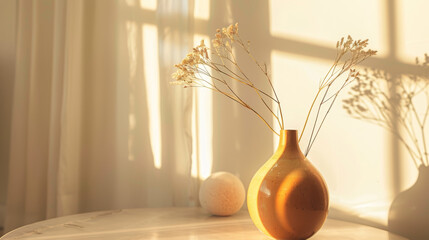 A beautiful retro orange vase paired with a white stone lamp creates a timeless aesthetic in home interior decor. This stylish arrangement, along with magazines, captures the essence of Scandinavian 