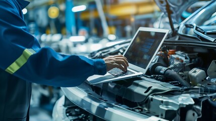 Car Factory Engineer in Work Uniform Using Laptop Computer with Spreadsheet Software. Working with Software at Automotive Industrial