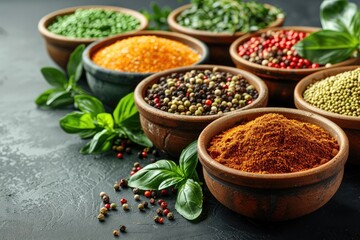 Colorful and aromatic spices and herbs in ceramic bowls on a dark background