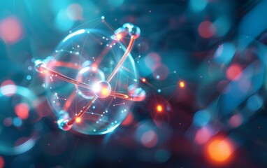 Abstract visualization of an atom and its particles, showcasing scientific concepts and modern technology in vibrant colors.