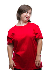 Fototapeta premium Young adult woman with down syndrome over isolated background looking away to side with smile on face, natural expression. Laughing confident.