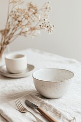 Ceramic bowl and cup with dried flowers on a dining table. Minimalist photography. Rustic dining concept. Design for interior, poster, wallpaper. Closeup with copy space.