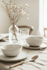 Table set with ceramic bowls and plates, and dried flowers in vase. Minimalist photography. Rustic dining concept. Design for interior, poster, wallpaper. Closeup with copy space.