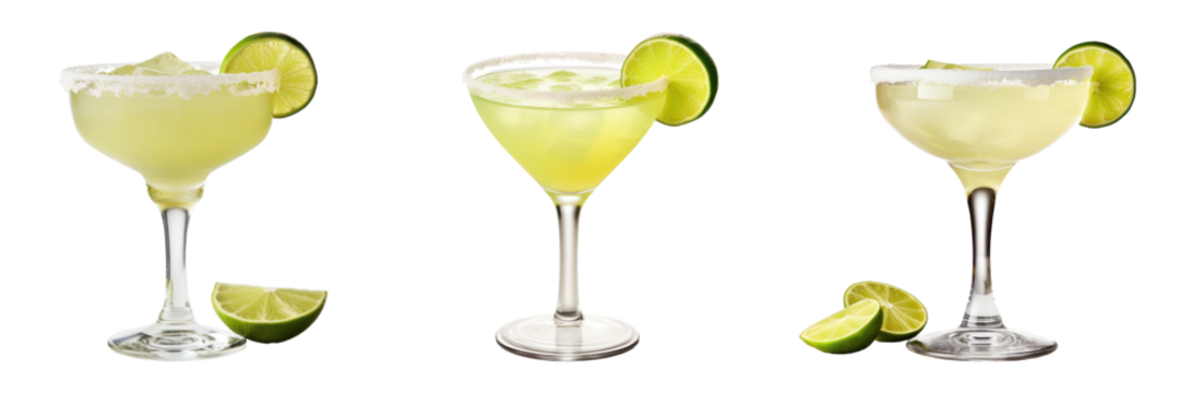Refreshing Margarita Cocktail Set In Glass With Salt Rim And Lime On Isolated Background