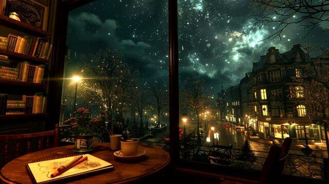 Cozy cafe interior with night city view through large window and starry sky. Urban relaxation concept