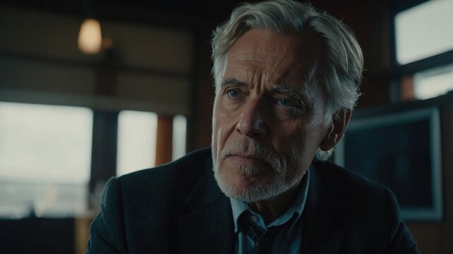 Elderly man with gray hair and beard, dressed in a suit, sitting in a dimly lit room with a pensive expression.
