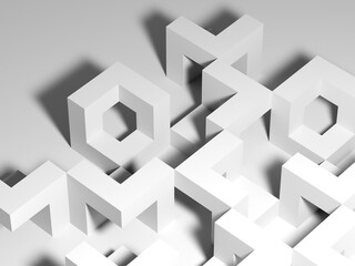 Abstract white geometric installation with cubical shapes. 3d render