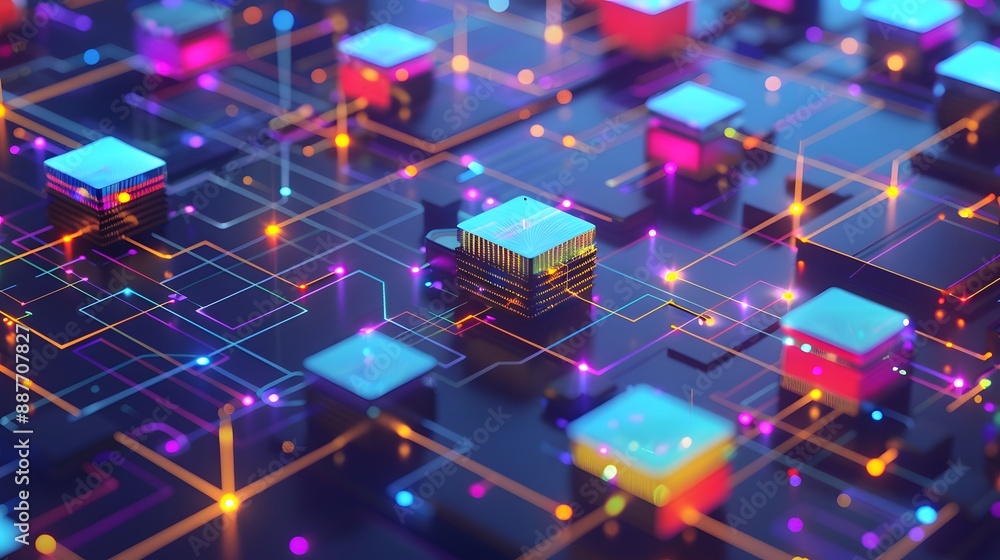 Poster a futuristic application composed of multiple loosely coupled services, each represented as glowing 