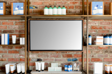 TV screen mockup png transparent, industrial barber shop interior