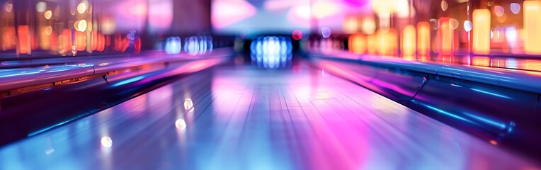 a bowling alley lane with neon lights