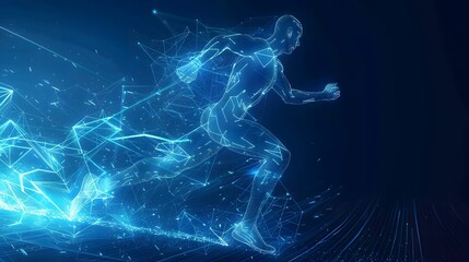 Blue glowing wireframe hologram of an athlete running on dark blue background concept for sport technology and futuristic digital design element