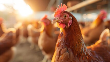 Peaceful morning scene at an egg farm, with hens clucking contentedly as the day begins, field of dept deep odject, all cover focus text, for spacecopy