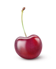 Ripe red cherry with leaf close-up on a white background.
