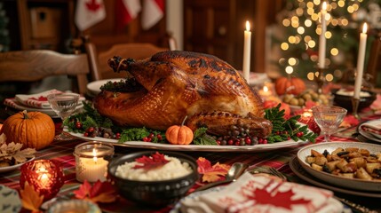 Thanksgiving dinner with a roasted turkey and festive dishes, Canadian flags and autumn decorations