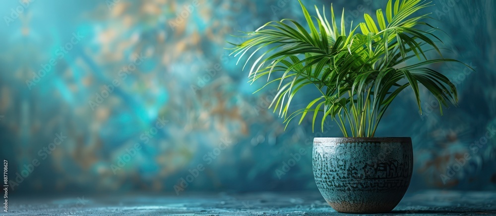 Sticker Green Plant in Blue Pot on Teal Background