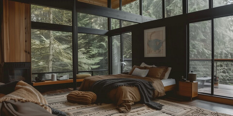 bedroom, black tones, dark background, large windows, foggy forest, haze, fanciful, relaxation, sleepy
