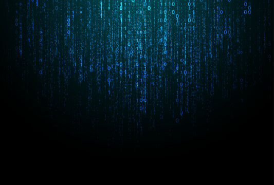 Vector blue digital code rain in a matrix inspired futuristic style. High-tech backdrop with glowing binary characters