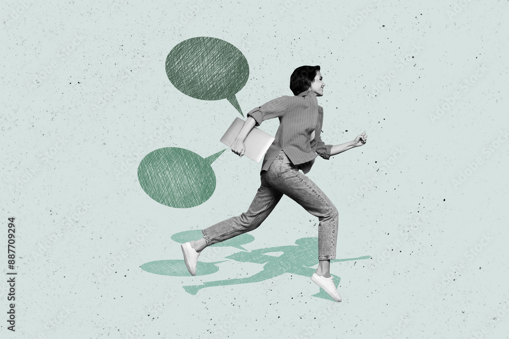 Poster collage sketch artwork image of cheerful happy woman running empty space isolated on drawing backgro