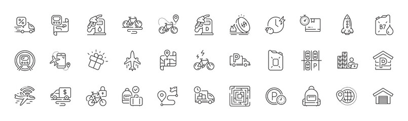 Flights application, Parking garage and Cardboard box line icons. Pack of Airplane wifi, Gas price, Gift icon. Diesel canister, Rocket, Bicycle lockers pictogram. Delivery, Charging time. Vector
