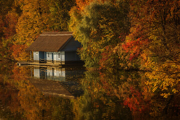 Landscape with beautiful house on a lake with colourful leafs in autumn season