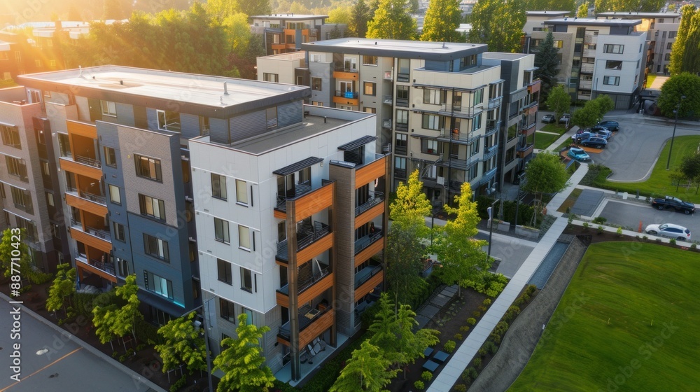 Poster a high-angle view of a contemporary apartment complex with lush greenery and a paved walkway