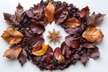 Autumn-Themed Wreath with Dried Brown Leaves and Snowflake Centre - Perfect for Fall Decoration Design
