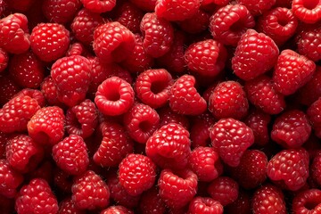 Background of fresh sweet red raspberries arranged close-up. Raspberry fruit background. Beautiful simple AI generated image in 4K, unique.