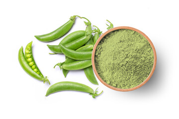 Green pea protein powder in wooden bowl and fresh green pea with seeds isolated on white...