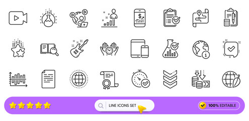 Fast verification , Chemistry experiment and Certificate line icons for web app. Pack of Shoulder strap, Deflation, Environment day pictogram icons. Ranking stars, Document. Search bar. Vector