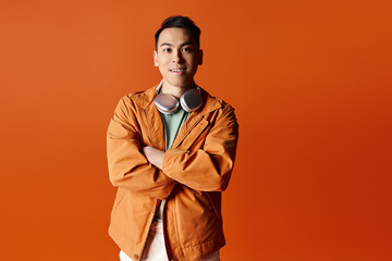 Handsome Asian man in stylish attire stands with arms crossed in front of vibrant orange background in a studio setting.