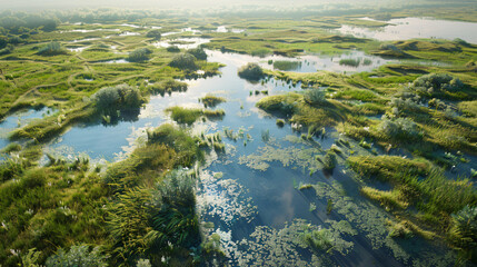 Aerial view of lush marshlands with vibrant greenery, tranquil waters and an overcast sky, showcasing serene natural beauty.