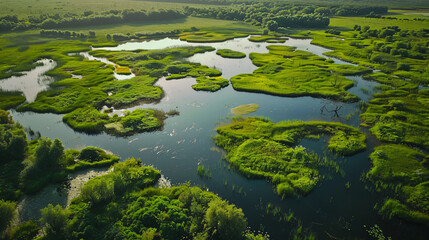 Aerial view of lush green marshland with interconnected water bodies, showing the beauty of nature and wetlands ecology.