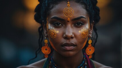 A woman with intricate gold face paint and vibrant jewelry, exuding a powerful and captivating presence.
