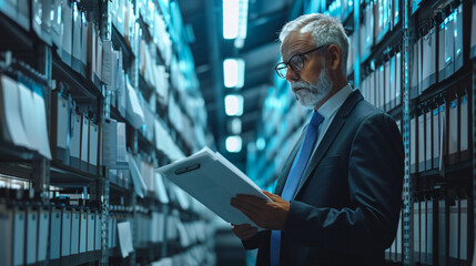 Fototapeta premium Businessman reviewing documents in archive room filled with numerous files and folders, focused on organizational work.
