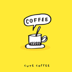 Cute doodle coffee cup , Hand drawn of coffee cup ,Hand drawing coffee cup,  isolated on yellow background. vector illustration 
