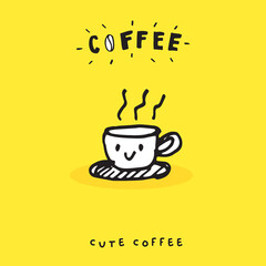 Cute doodle coffee cup , Hand drawn of coffee cup ,Hand drawing coffee cup,  isolated on yellow background. vector illustration 