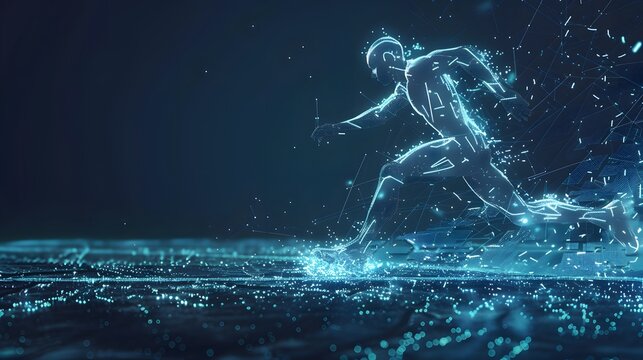 Blue glowing wireframe hologram of an athlete running on dark blue background concept for sport technology and futuristic digital design element