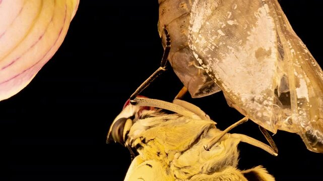 Prepona butterfly birth on black background, time lapse, concepts Metamorphosis and transformation, Life cycle and rebirth, science and education, importance of conservation of biodiversity and